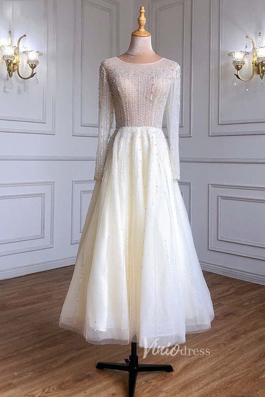 Dusty Blue Beaded Tea Length Evening Dresses Long Sleeve Prom Dress FD3011-Evening Dresses 2025 -Viniodress-Ivory-US 2-