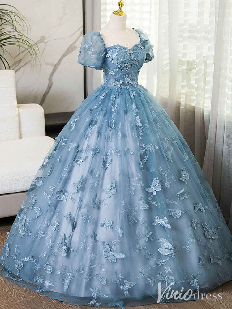 Dusty Blue Butterfly Lace Prom Dresses Puffed Sleeve Formal Dress AD1362-prom dresses-Viniodress-Viniodress