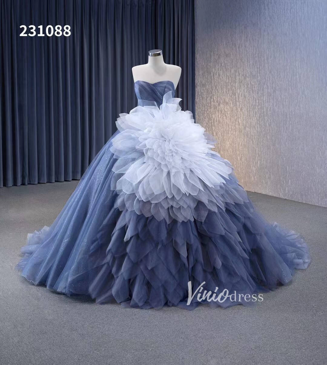 Dusty Blue Detachable Blossom Wedding Dresses Strapless Tiered Quinceanera Dress 231088 - ViniodressQuinceanera DressesDusty BlueCustom Size - Formal Dresses - Ball Gowns