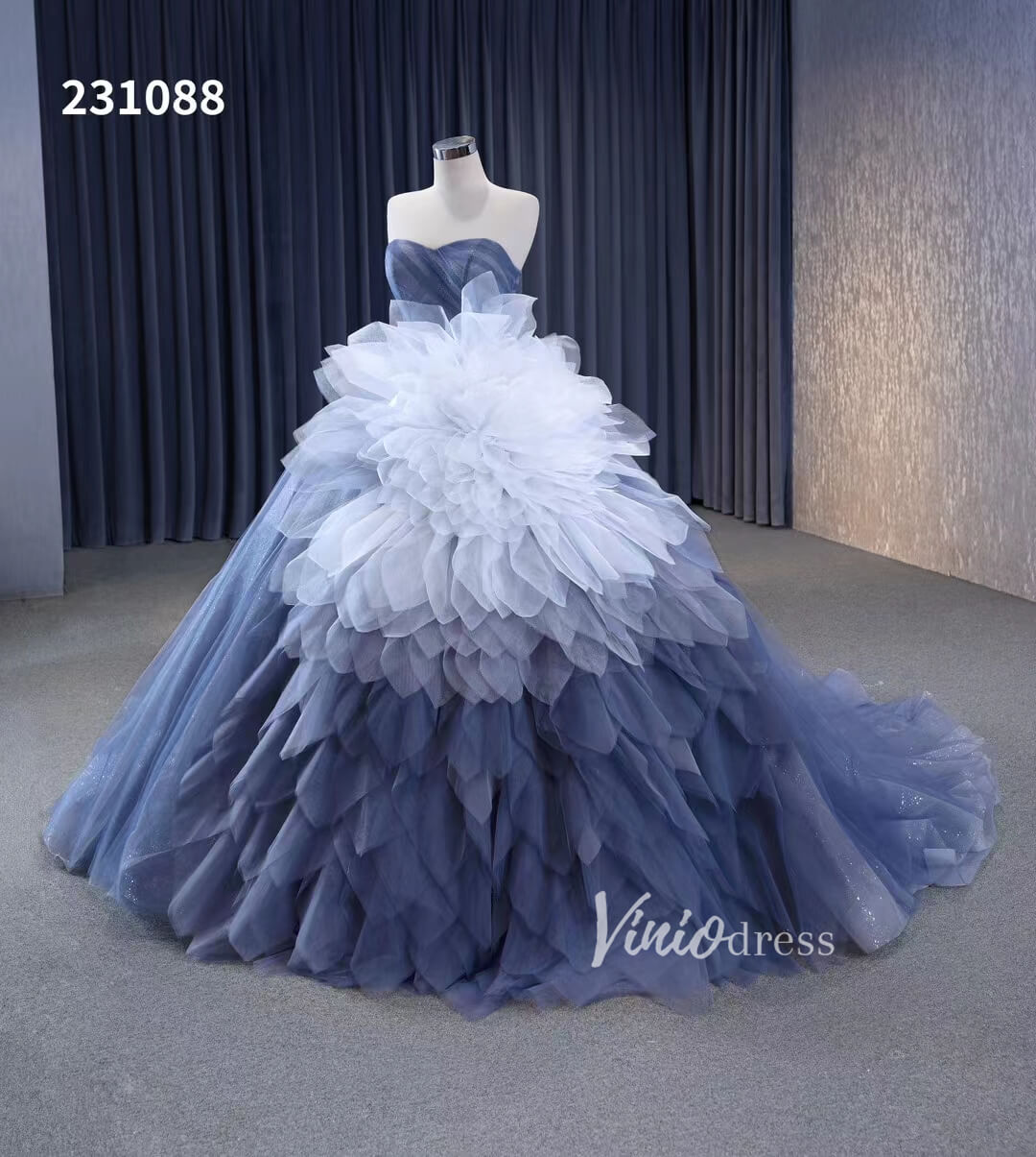 Dusty Blue Detachable Blossom Wedding Dresses Strapless Tiered Quinceanera Dress 231088 - ViniodressQuinceanera DressesDusty BlueCustom Size - Formal Dresses - Ball Gowns