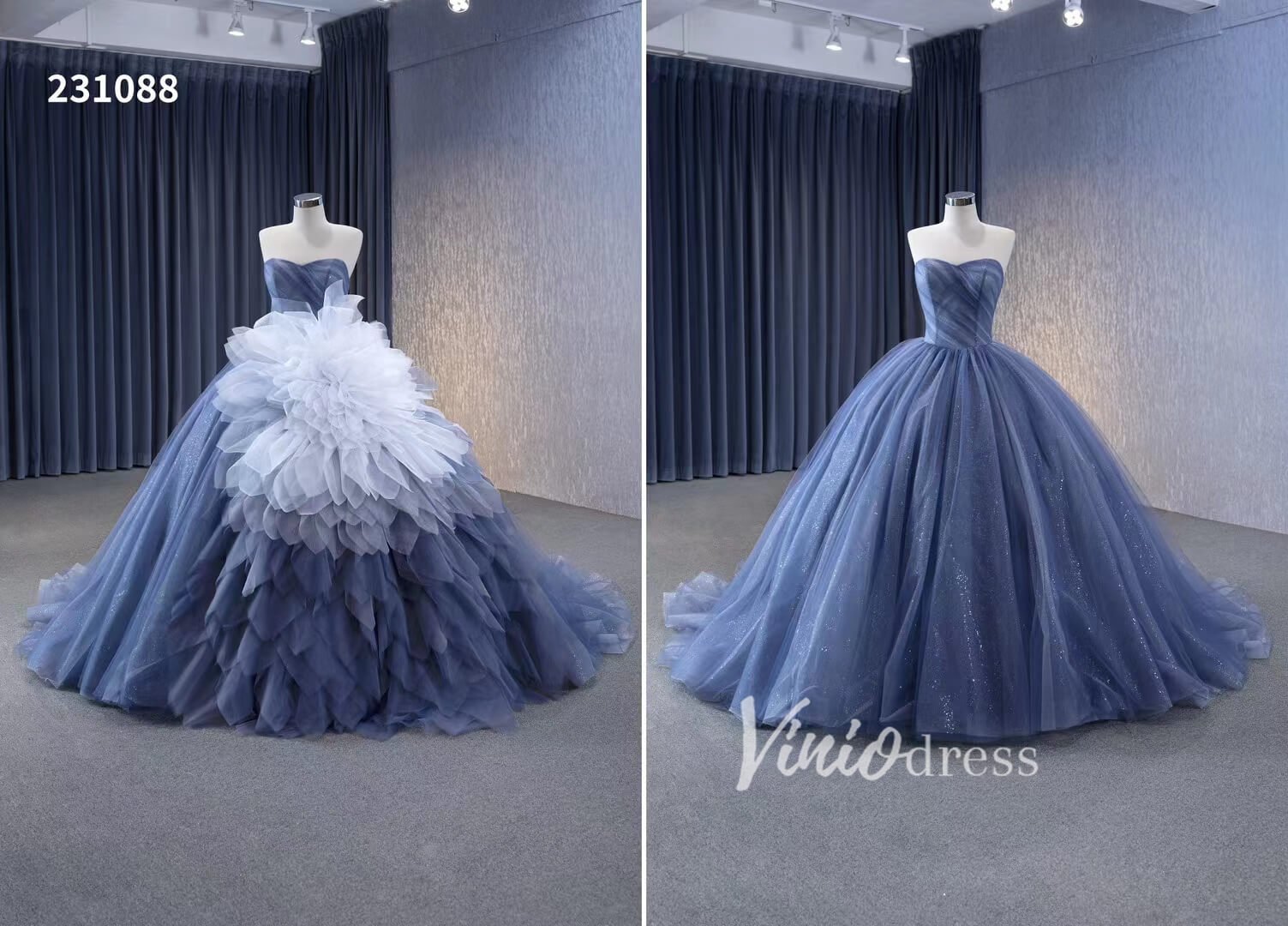 Dusty Blue Detachable Blossom Wedding Dresses Strapless Tiered Quinceanera Dress 231088 - ViniodressQuinceanera DressesDusty BlueCustom Size - Formal Dresses - Ball Gowns