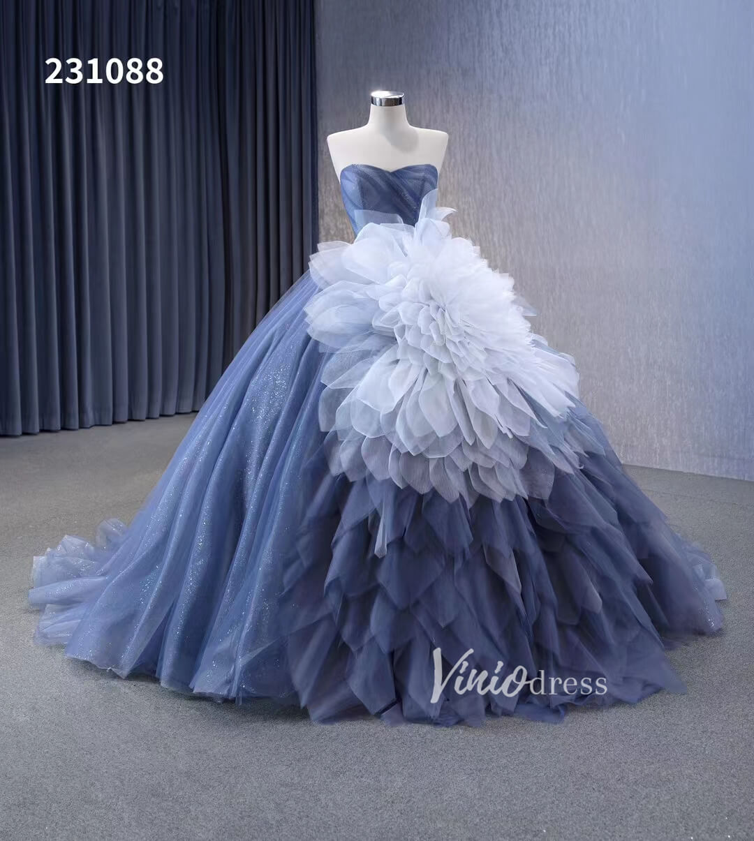 Dusty Blue Detachable Blossom Wedding Dresses Strapless Tiered Quinceanera Dress 231088 - ViniodressQuinceanera DressesDusty BlueCustom Size - Formal Dresses - Ball Gowns