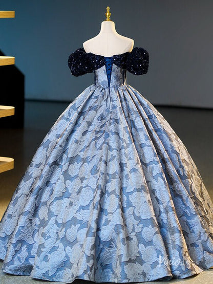 Dusty Blue Floral Jacquard Prom Ball Gown Sequin Puffed Sleeve Quinceanera Dresses BG065-prom dresses 2025 -Viniodress-Dusty Blue-Custom Size-