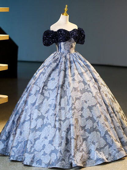 Dusty Blue Floral Jacquard Prom Ball Gown Sequin Puffed Sleeve Quinceanera Dresses BG065-prom dresses 2025 -Viniodress-Dusty Blue-Custom Size-