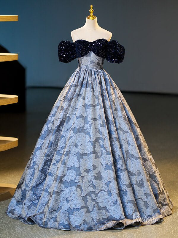 Dusty Blue Floral Jacquard Prom Ball Gown Sequin Puffed Sleeve Quinceanera Dresses BG065-prom dresses 2025 -Viniodress-Dusty Blue-Custom Size-