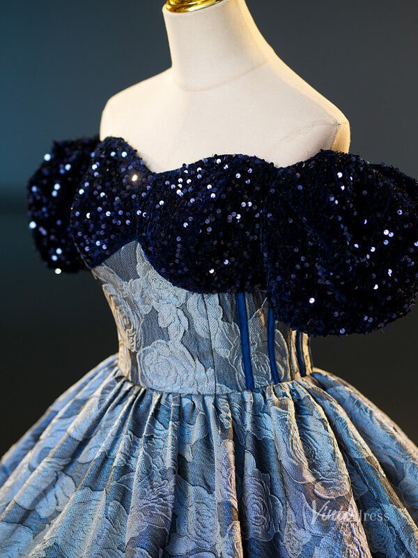 Dusty Blue Floral Jacquard Prom Ball Gown Sequin Puffed Sleeve Quinceanera Dresses BG065-prom dresses 2025 -Viniodress-Dusty Blue-Custom Size-