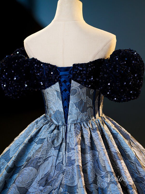 Dusty Blue Floral Jacquard Prom Ball Gown Sequin Puffed Sleeve Quinceanera Dresses BG065-prom dresses 2025 -Viniodress-Dusty Blue-Custom Size-