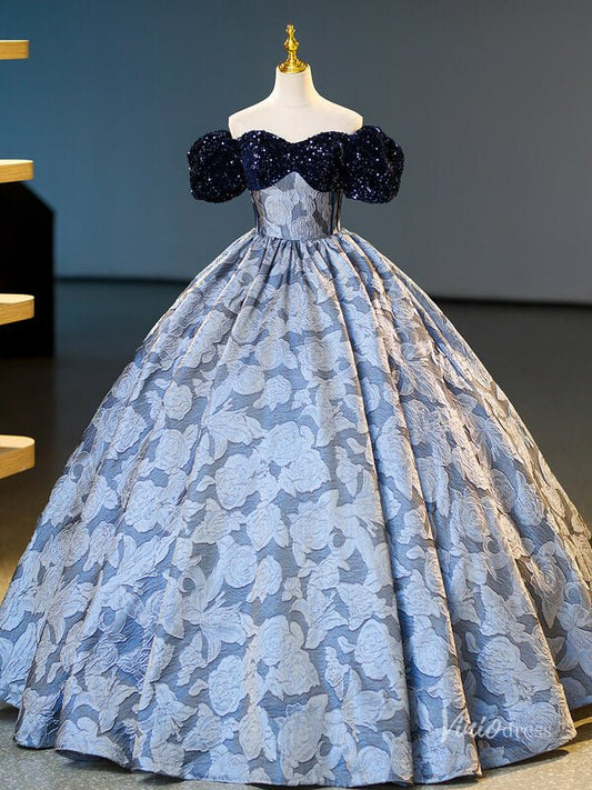 Dusty Blue Floral Jacquard Prom Ball Gown Sequin Puffed Sleeve Quinceanera Dresses BG065-prom dresses 2025 -Viniodress-Dusty Blue-Custom Size-