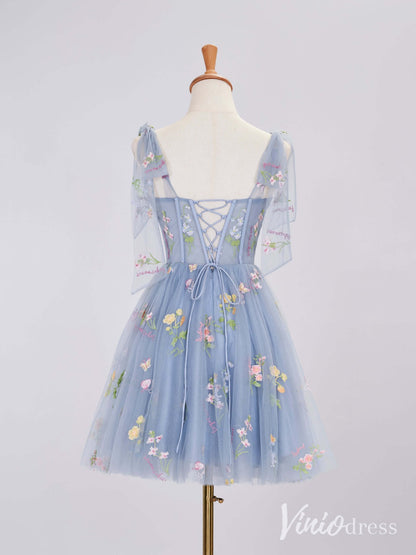 Dusty Blue Floral Lace Homecoming Dresses Sheer Spaghetti Strap Graduation Dress SD1667-Homecoming Dresses 2025 -Viniodress-Dusty Blue-Custom Size-