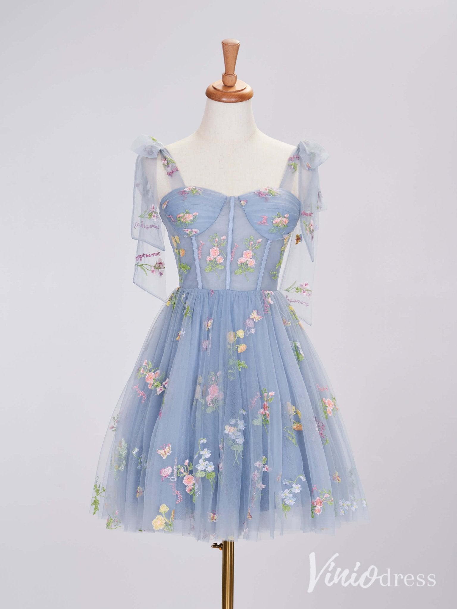 Dusty Blue Floral Lace Homecoming Dresses Sheer Spaghetti Strap Graduation Dress SD1667-Homecoming Dresses 2025 -Viniodress-Dusty Blue-Custom Size-