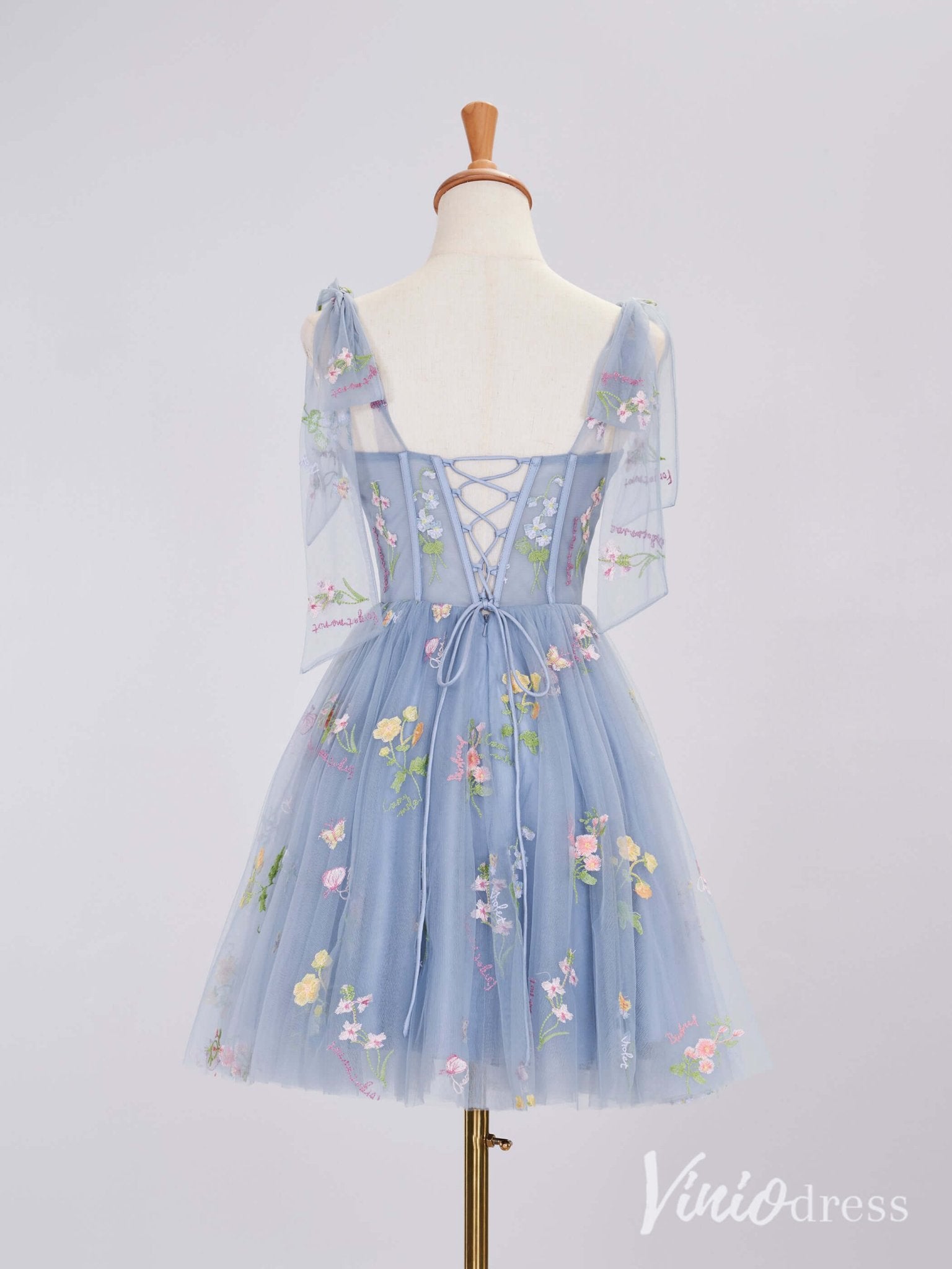 Dusty Blue Floral Lace Homecoming Dresses Sheer Spaghetti Strap Graduation Dress SD1667-Homecoming Dresses 2025 -Viniodress-Dusty Blue-Custom Size-