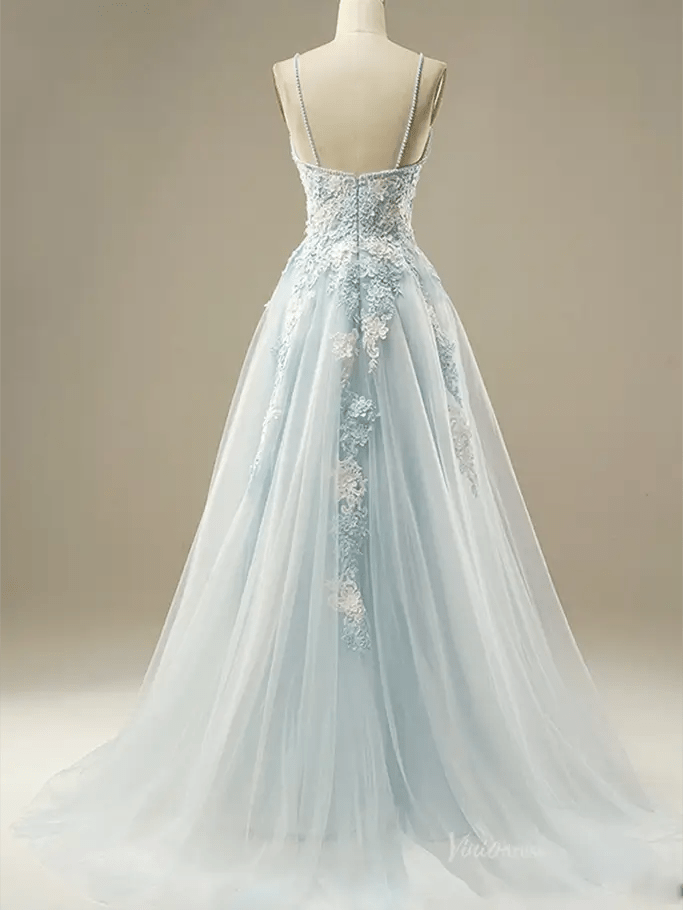 Dusty Blue Floral Lace Prom Dresses 2025 Spaghetti Strap V-Neck Formal Dresses - FD1779-prom dresses 2025 -Viniodress-Blue-Custom Size-