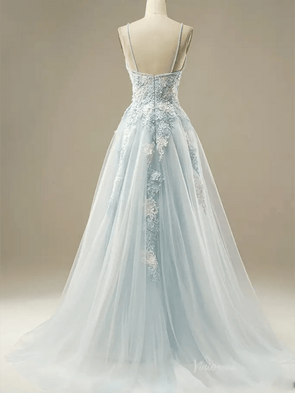 Dusty Blue Floral Lace Prom Dresses 2025 Spaghetti Strap V-Neck Formal Dresses - FD1779-prom dresses 2025 -Viniodress-Blue-Custom Size-