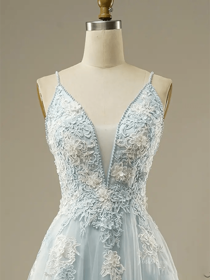 Dusty Blue Floral Lace Prom Dresses 2025 Spaghetti Strap V-Neck Formal Dresses - FD1779-prom dresses 2025 -Viniodress-Blue-Custom Size-
