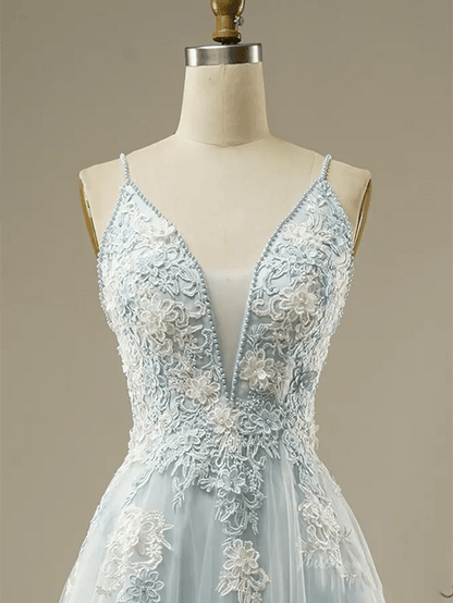 Dusty Blue Floral Lace Prom Dresses 2025 Spaghetti Strap V-Neck Formal Dresses - FD1779-prom dresses 2025 -Viniodress-Blue-Custom Size-