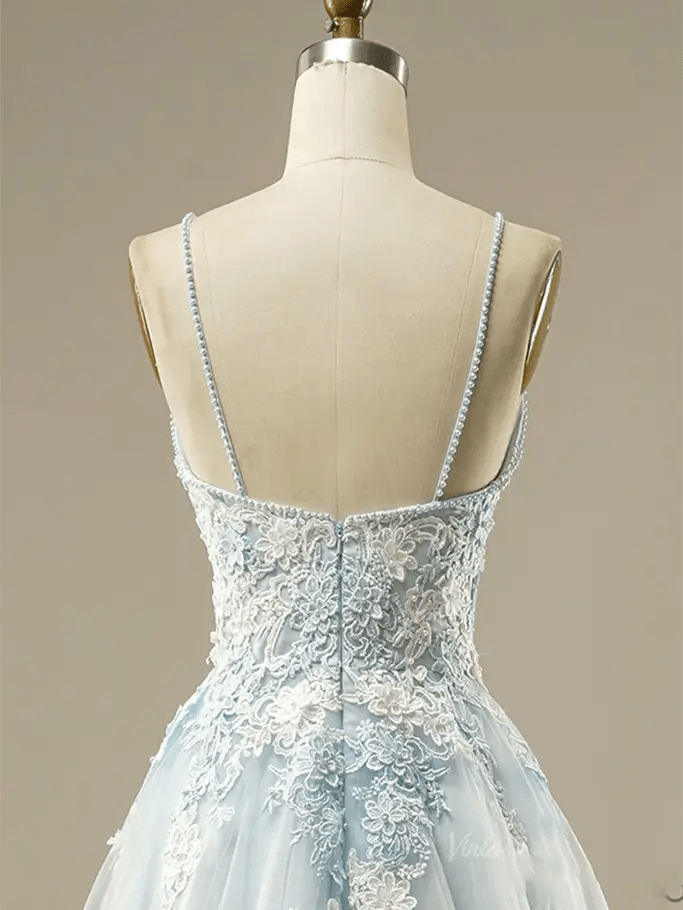 Dusty Blue Floral Lace Prom Dresses 2025 Spaghetti Strap V-Neck Formal Dresses - FD1779-prom dresses 2025 -Viniodress-Blue-Custom Size-