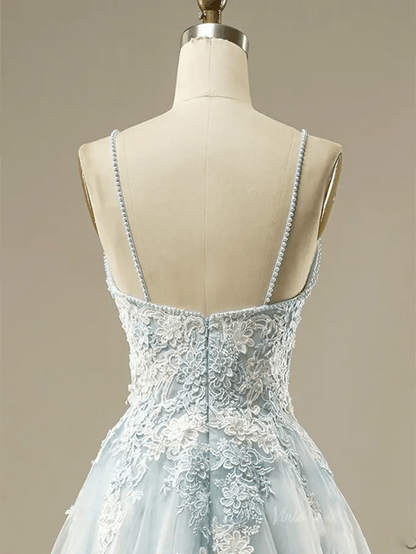 Dusty Blue Floral Lace Prom Dresses 2025 Spaghetti Strap V-Neck Formal Dresses - FD1779-prom dresses 2025 -Viniodress-Blue-Custom Size-