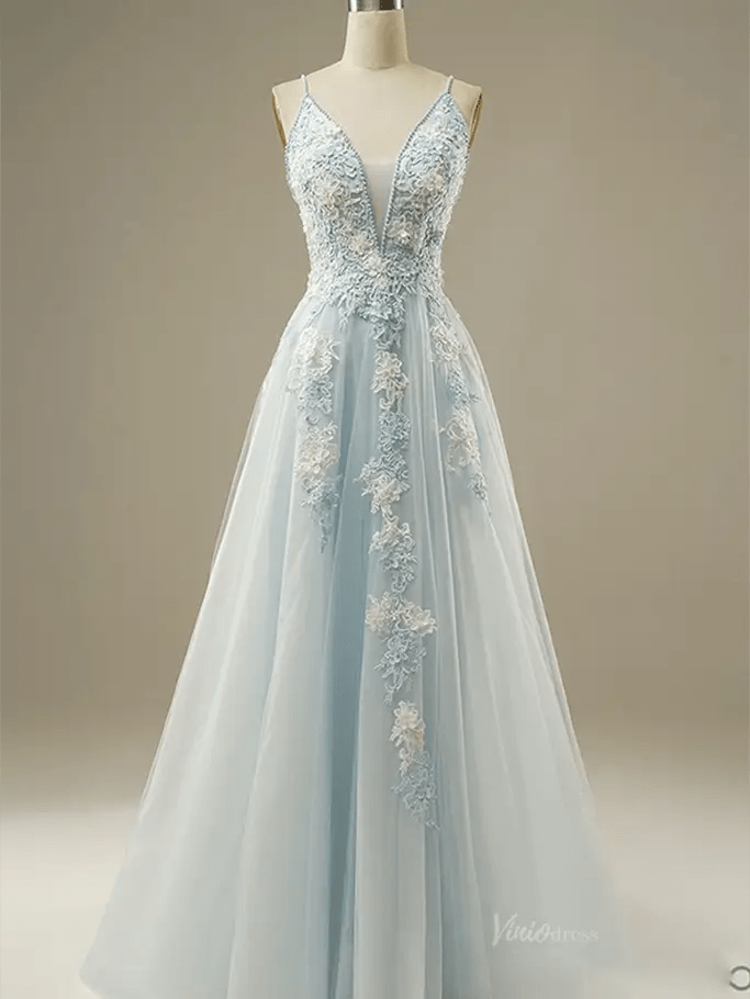 Dusty Blue Floral Lace Prom Dresses 2025 Spaghetti Strap V-Neck Formal Dresses - FD1779-prom dresses 2025 -Viniodress-Blue-Custom Size-