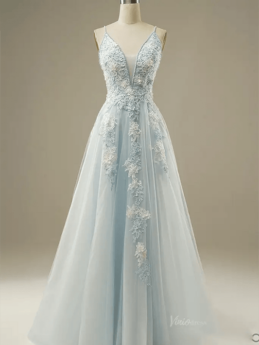 Dusty Blue Floral Lace Prom Dresses 2025 Spaghetti Strap V-Neck Formal Dresses - FD1779-prom dresses 2025 -Viniodress-Blue-Custom Size-