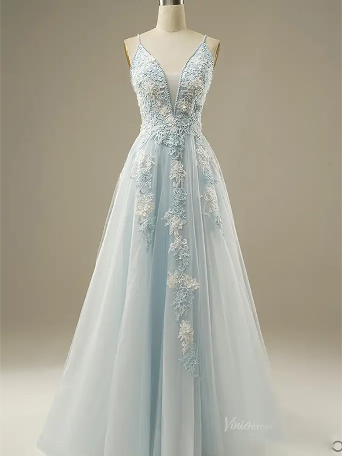 prom dresses 2025 Dusty Blue Floral Lace Prom Dresses 2025 Spaghetti Strap V-Neck Formal Dresses - FD1779-plus size wedding dresses Viniodress-Blue-Custom Size-