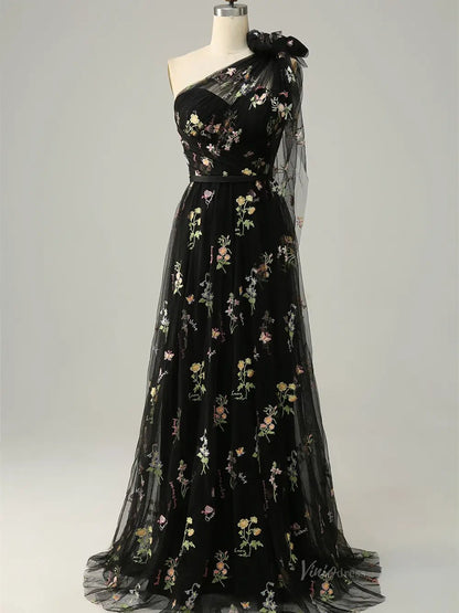 Dusty Blue Floral Lace Prom Dresses One Shoulder Formal Dress FD4080B-prom dresses 2025 -Viniodress-Black-Custom Size-