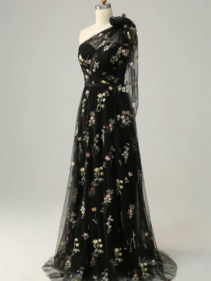 Dusty Blue Floral Lace Prom Dresses One Shoulder Formal Dress FD4080B-prom dresses 2025 -Viniodress-Dusty Blue-Custom Size-