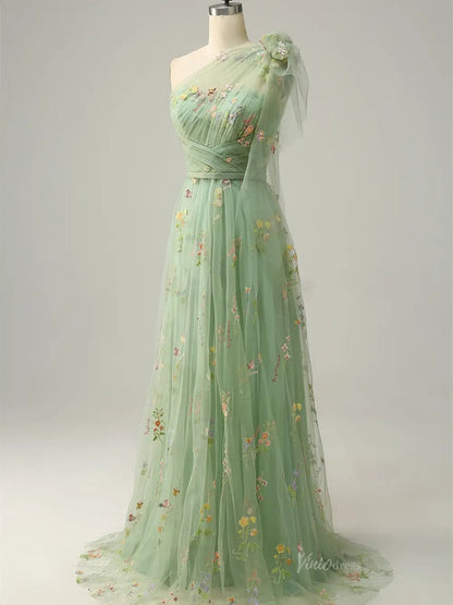 Dusty Blue Floral Lace Prom Dresses One Shoulder Formal Dress FD4080B-prom dresses 2025 -Viniodress-Dusty Blue-Custom Size-