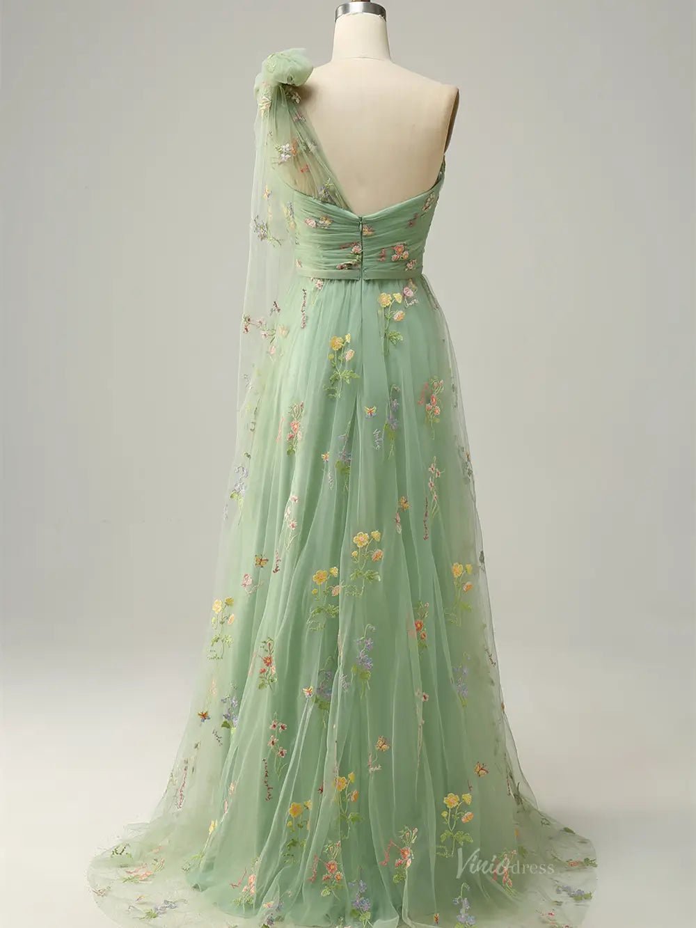 Dusty Blue Floral Lace Prom Dresses One Shoulder Formal Dress FD4080B-prom dresses 2025 -Viniodress-Dusty Blue-Custom Size-