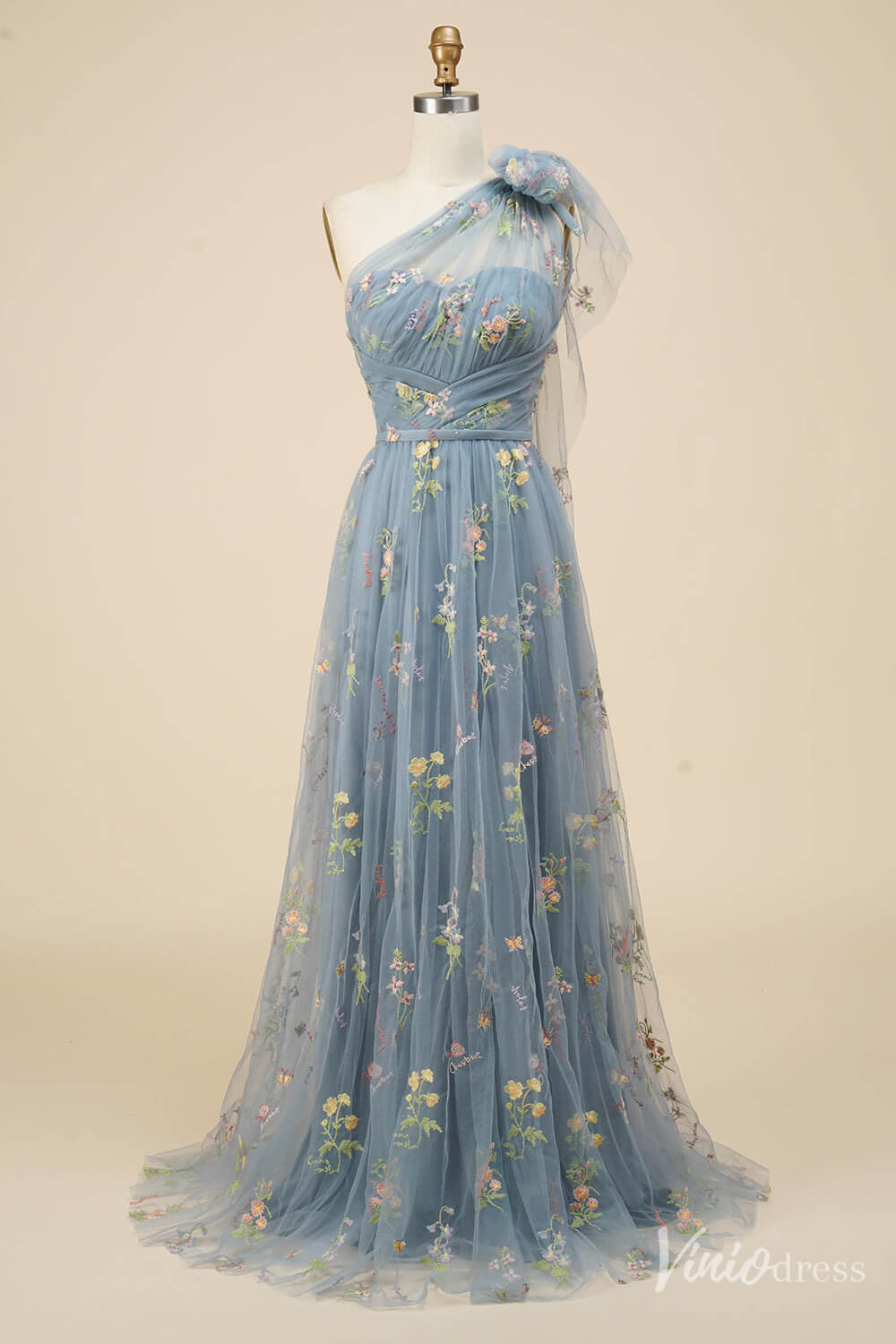 Dusty Blue Floral Lace Prom Dresses One Shoulder Formal Dress FD4080B-prom dresses 2025 -Viniodress-Dusty Blue-Custom Size-