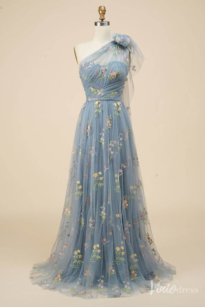 Dusty Blue Floral Lace Prom Dresses One Shoulder Formal Dress FD4080B-prom dresses 2025 -Viniodress-Dusty Blue-Custom Size-