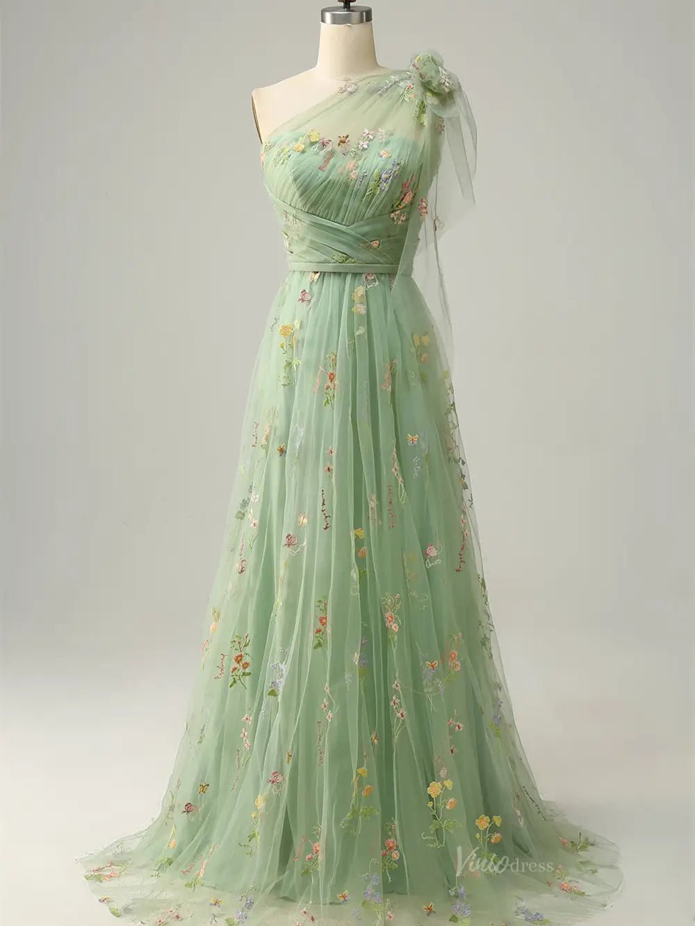 Dusty Blue Floral Lace Prom Dresses One Shoulder Formal Dress FD4080B-prom dresses 2025 -Viniodress-Light Green-Custom Size-