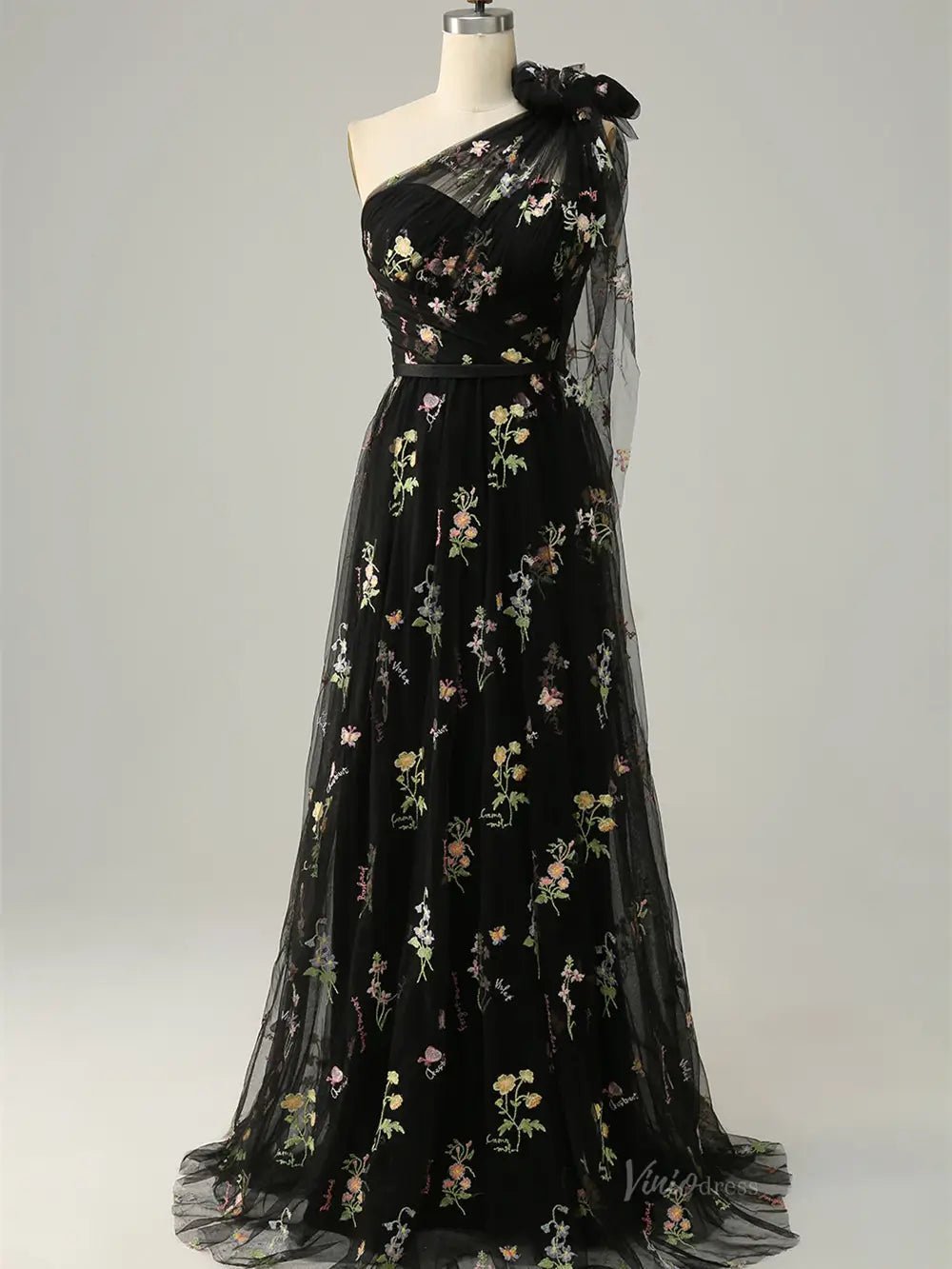 Dusty Blue Floral Lace Prom Dresses One Shoulder Formal Dress FD4080B-prom dresses 2025 -Viniodress-Black-Custom Size-