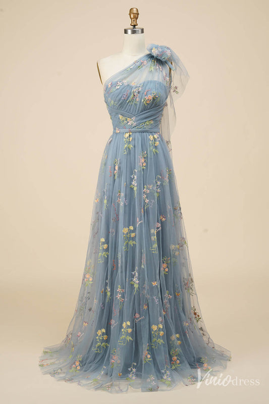 Dusty Blue Floral Lace Prom Dresses One Shoulder Formal Dress FD4080B-prom dresses 2025 -Viniodress-Dusty Blue-Custom Size-