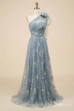 Dusty Blue Floral Lace Prom Dresses One Shoulder Formal Dress FD4080B