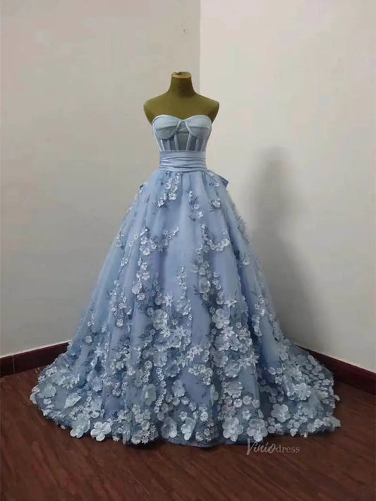 Dusty Blue Floral Lace Prom Dresses with Sweetheart Neckline & Bow-Tie - FD5150-prom dresses 2025 -Viniodress-Dusty Blue-Custom Size-
