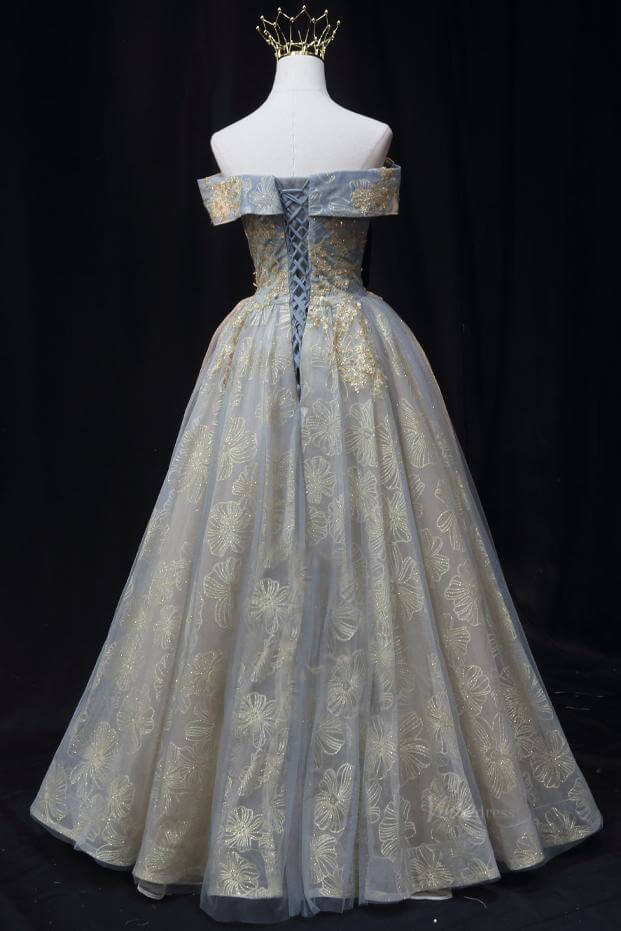 Dusty Blue Floral Prom Dresses with Gold Lace, Off the Shoulder Quinceanera Dresses SU008-prom dresses 2025 -Viniodress-Gold-Custom Size-