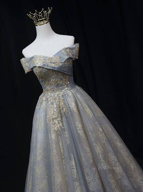 Dusty Blue Floral Prom Dresses with Gold Lace, Off the Shoulder Quinceanera Dresses SU008-prom dresses 2025 -Viniodress-Gold-Custom Size-