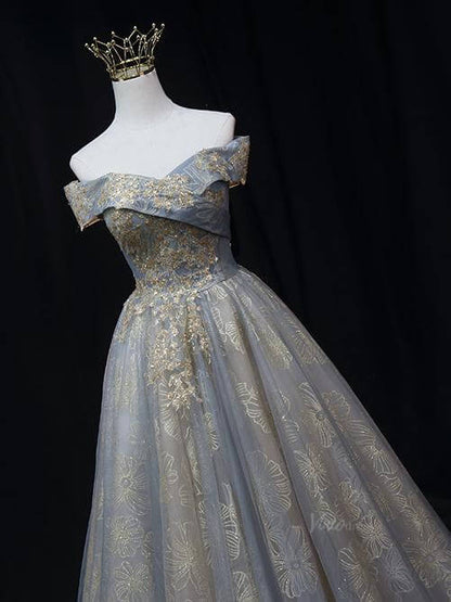 Dusty Blue Floral Prom Dresses with Gold Lace, Off the Shoulder Quinceanera Dresses SU008-prom dresses 2025 -Viniodress-Gold-Custom Size-