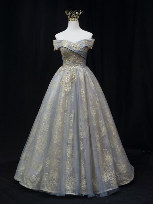 Dusty Blue Floral Prom Dresses with Gold Lace, Off the Shoulder Quinceanera Dresses SU008 - Viniodressprom dressesGoldCustom Size - Formal Dresses - Ball Gowns