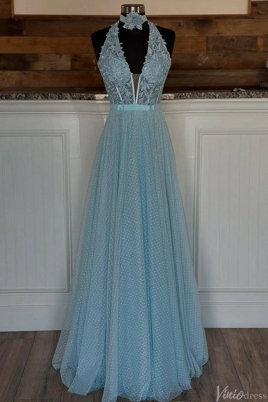 Dusty Blue Halter A-Line Prom Dress with Floral Lace Appliqué Bodice, Plunging Neckline & Dotted Tulle Skirt – AE1007-prom dresses 2025 -Viniodress-Dusty Blue-Custom Size-