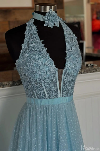 Dusty Blue Halter A-Line Prom Dress with Floral Lace Appliqué Bodice, Plunging Neckline & Dotted Tulle Skirt – AE1007-prom dresses 2025 -Viniodress-Dusty Blue-Custom Size-