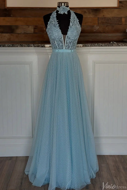 Dusty Blue Halter A-Line Prom Dress with Floral Lace Appliqué Bodice, Plunging Neckline & Dotted Tulle Skirt – AE1007-prom dresses 2025 -Viniodress-Dusty Blue-Custom Size-