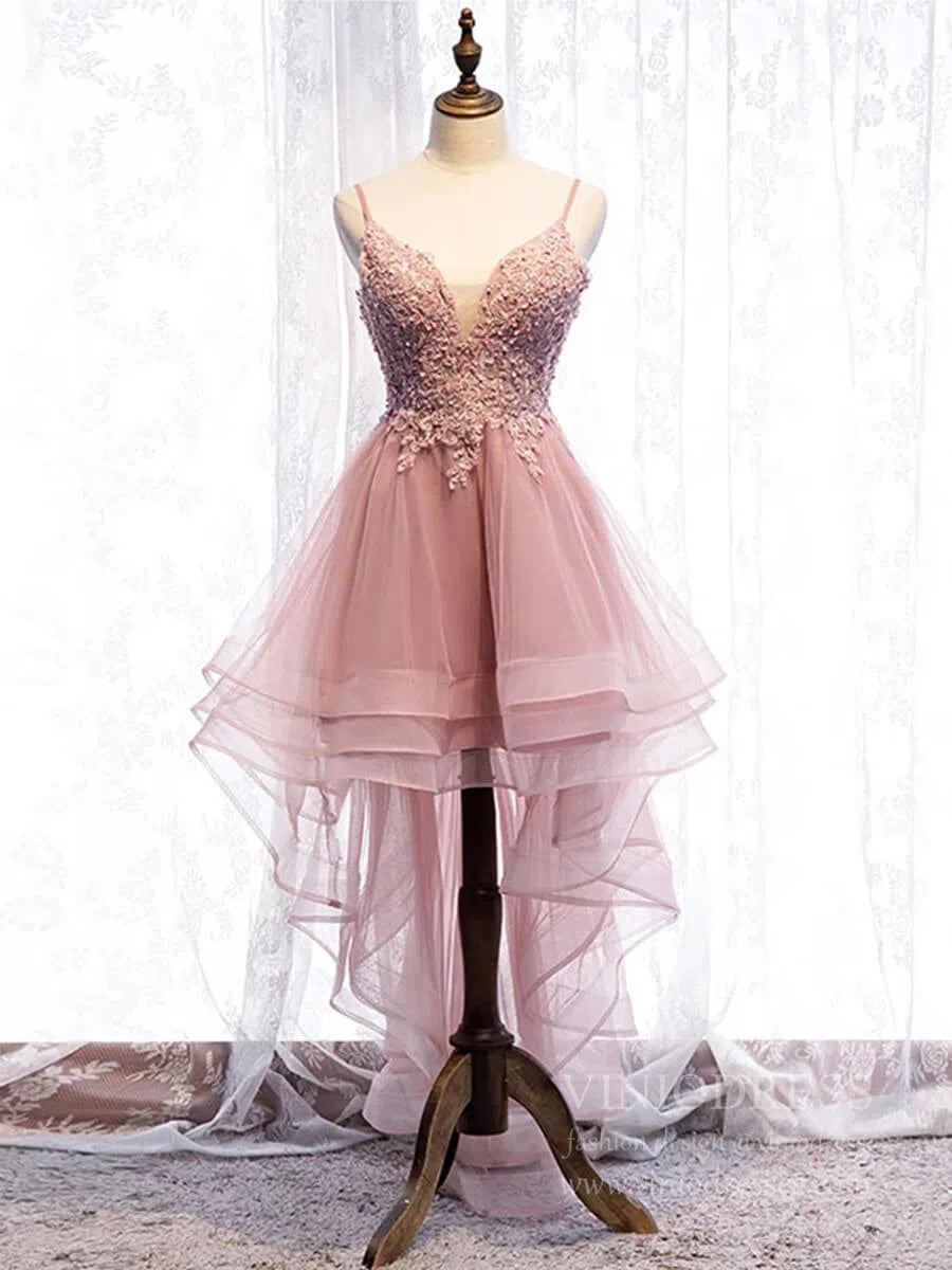 Prom Dress 2025 Dusty Blue High Low Prom Dresses Spaghetti Strap Cocktail Party Dress FD1684-unique prom dresses-Dusty Rose-Custom Size-Viniodress