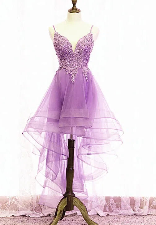 Prom Dress 2025 Dusty Blue High Low Prom Dresses Spaghetti Strap Cocktail Party Dress FD1684-unique prom dresses-Lavender-Custom Size-Viniodress