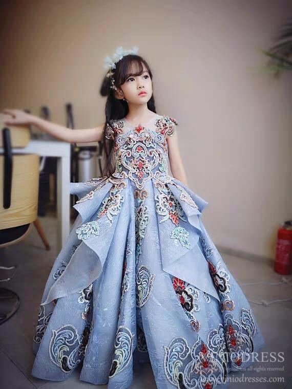 open lace back dress Dusty Blue Lace Ball Gown for Kids Beaded Princess Dresses FD2269C –  Viniodress