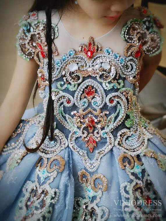 Dusty Blue Lace Ball Gown for Kids Beaded Princess Dresses FD2269C-Pageant Dresses for Kids 2025 -Viniodress-As Picture-Custom Size-