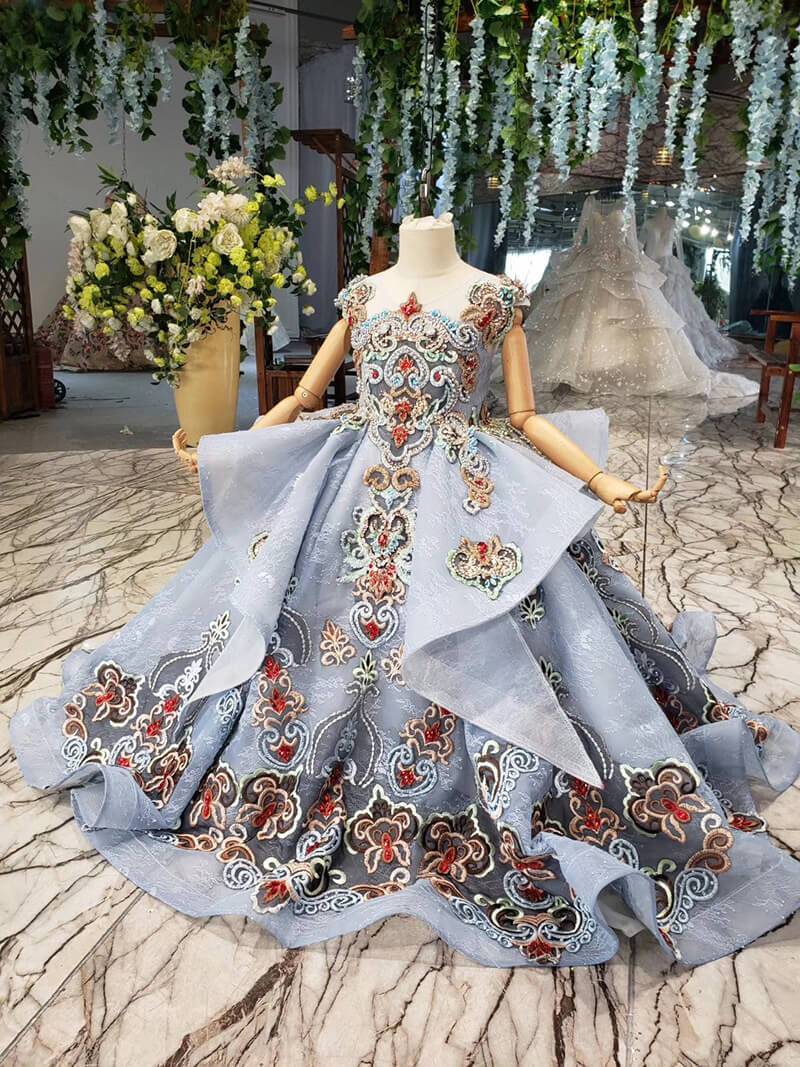 Dusty Blue Lace Ball Gown for Kids Beaded Princess Dresses FD2269C-Pageant Dresses for Kids 2025 -Viniodress-As Picture-Custom Size-