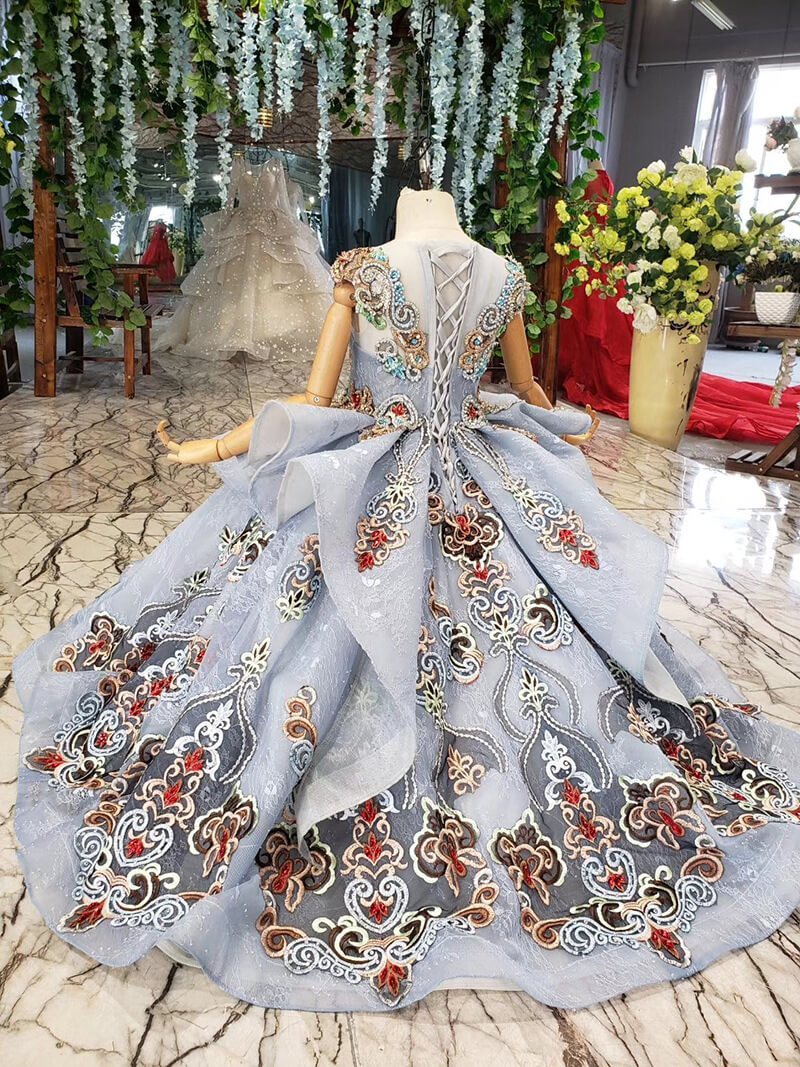 Dusty Blue Lace Ball Gown for Kids Beaded Princess Dresses FD2269C-Pageant Dresses for Kids 2025 -Viniodress-As Picture-Custom Size-