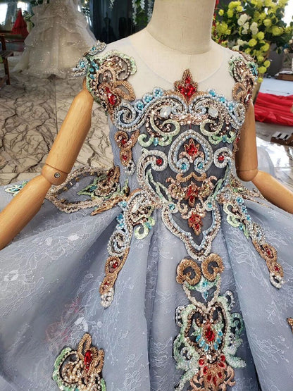 Dusty Blue Lace Ball Gown for Kids Beaded Princess Dresses FD2269C-Pageant Dresses for Kids 2025 -Viniodress-As Picture-Custom Size-