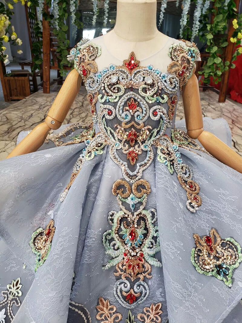 Dusty Blue Lace Ball Gown for Kids Beaded Princess Dresses FD2269C   Viniodress